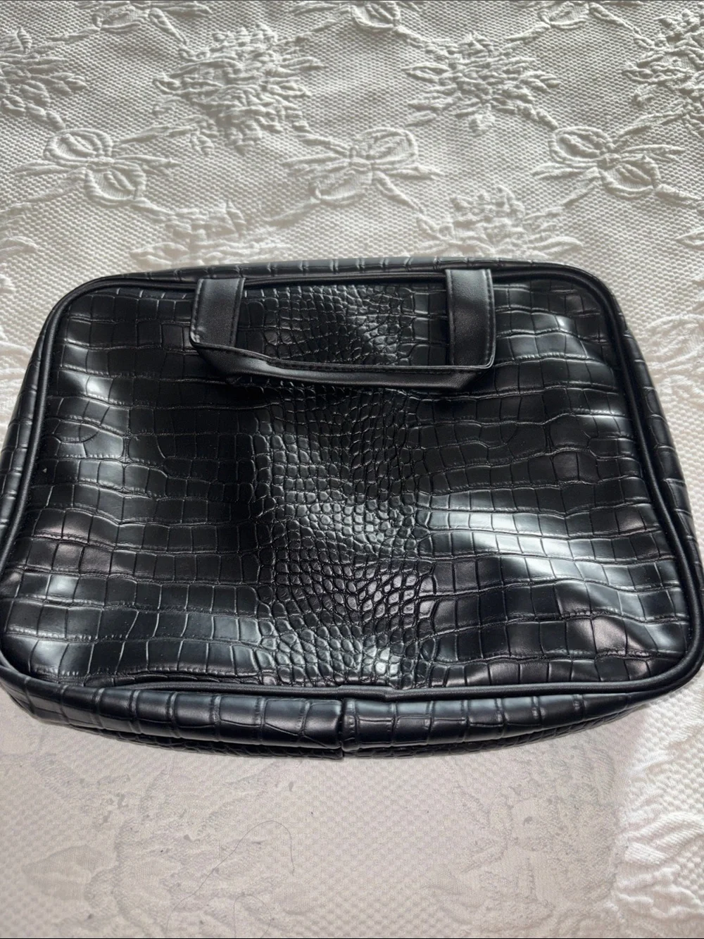 Black Croc-Embossed Laptop Bag with Gold Zipper